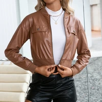 2021 women zipper motorcycle outwear soft brown faux pu leather flight jacket short coat zip up autumn coats winter streetwear