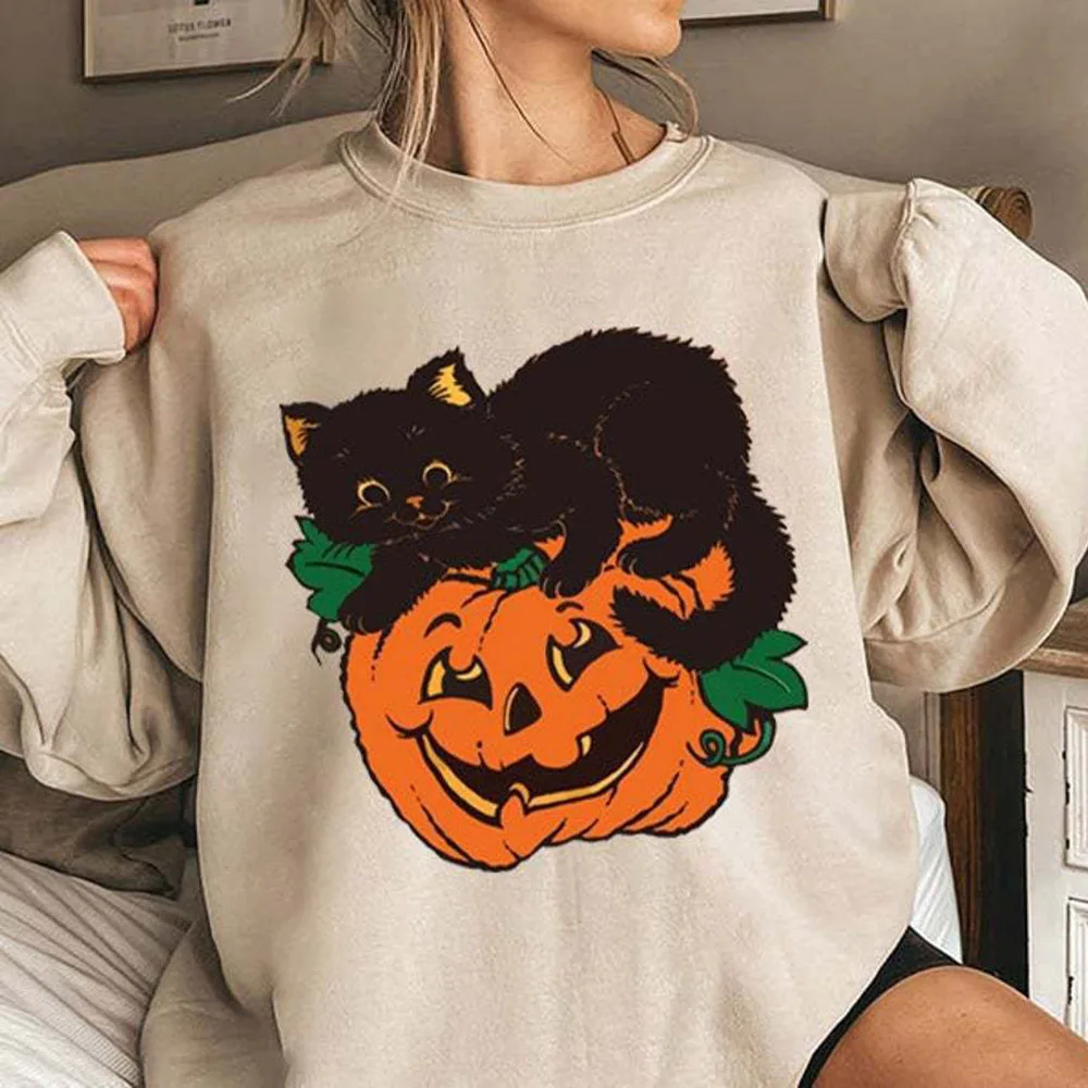 

2021 Halloween Women Hoodie Fashion Pumpkin Printing Round Neck Long Sleeve Solid Color Casual Pullover Women Autumn New