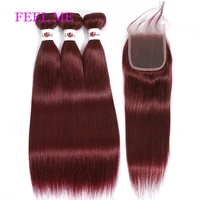 feelme 99jburgundy human hair bundles with closure 4x4 red wine brazilian straight hair weave bundles with closure remy hair