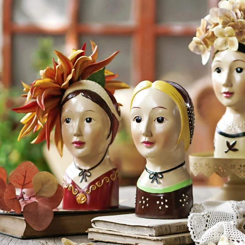 

PAINTING RUSSIA DOLL FLOWER POT HAND-PAINTED DOLL HEAD RESIN VASE GIRL CREATIVE GREEN PLANT DESKTOP GARDEN DECORATION R4529