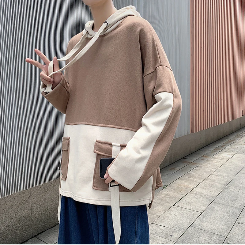 Мужские толстовки с карманами в стиле пэчворк Ulzzang Harajuku мужские винтажные