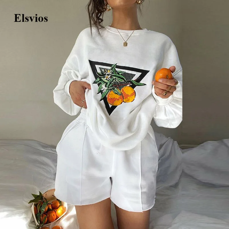 

2021 Autumn Women 2 Piece Set Fashion Orange Printed Oversized Sweatshirt And Loose Shorts Outfit Tracksuit Casual Harajuku Suit
