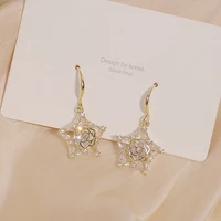 14k real gold temperament shine star women earring cubic cz simple hollow stud earrings wedding engagement accessories pendant