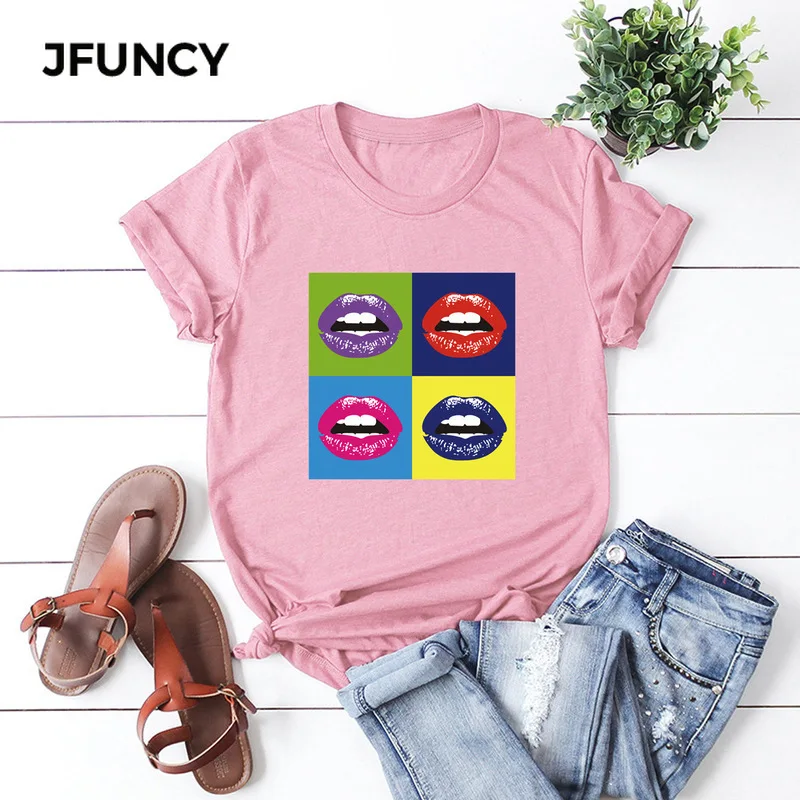 JFUNCY сексуальная летняя женская футболка с принтом губ коротким рукавом Harajuku