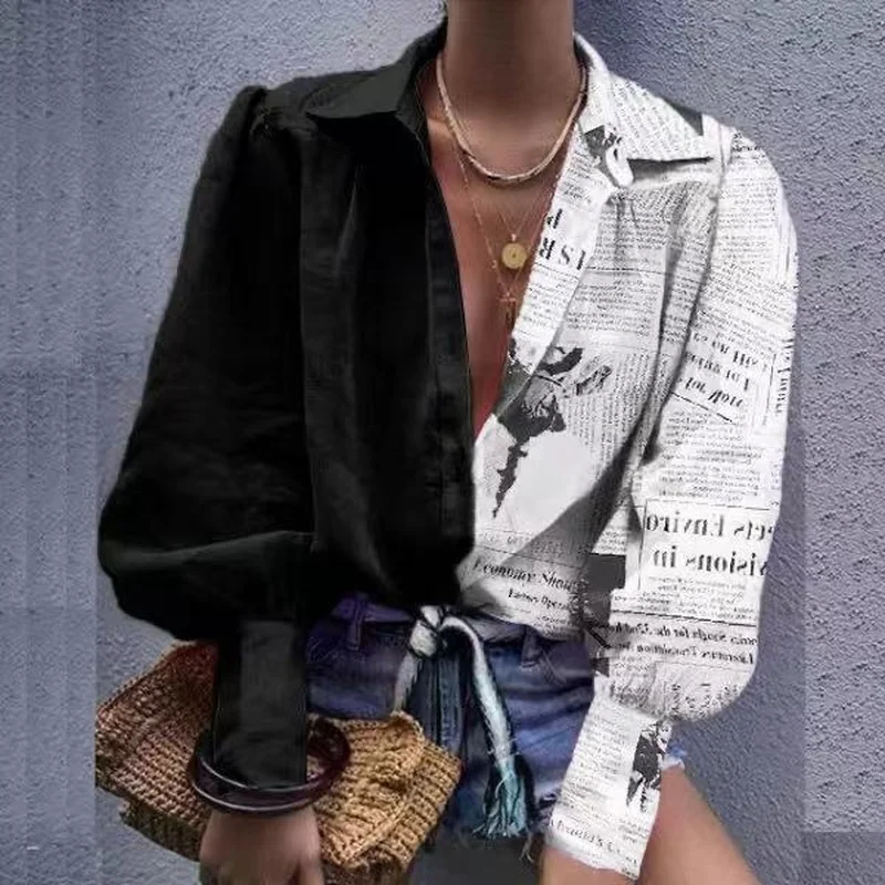 

Fashion Women's Blouse New Summer Casual Hot Sale Lapel Single-breasted Printing Color Matching Long-sleeved Blouse Donsignet