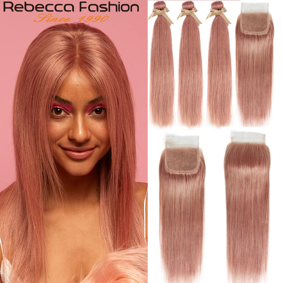 Rebecca S розовые светлые 8 # пряди с закрытием бразильские Прямые Remy человеческие