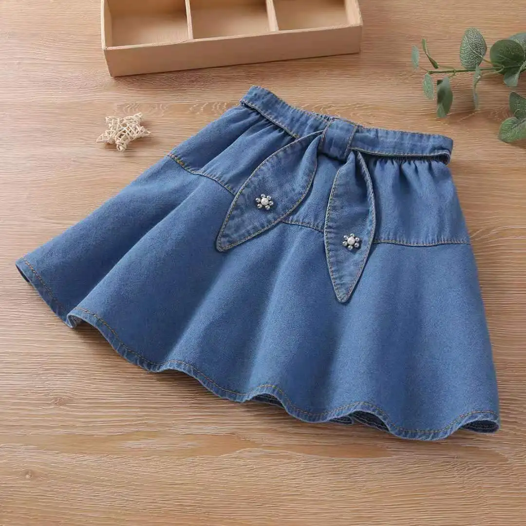 

Kids Girls Denim Skirts 2021 New Arirval Children Blue Summer Skirts Cute Ripped Jean Skirts Beaded Clothes Age For 5-13Y