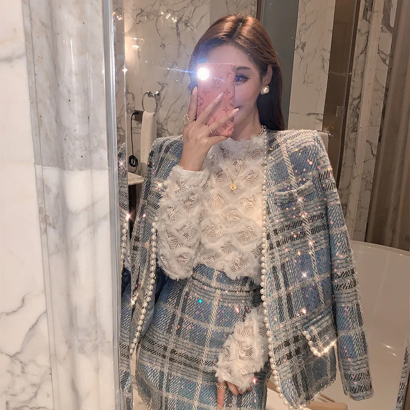 Женский комплект из двух предметов элегантный твидовый пиджак в клетку с