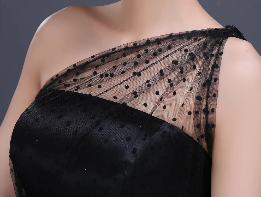 New Black Prom Dresses 2020 One Shoulder Pleats Polka Dot Tulle Tea Length Party Evening Gowns Vestido De Festa | Свадьбы и