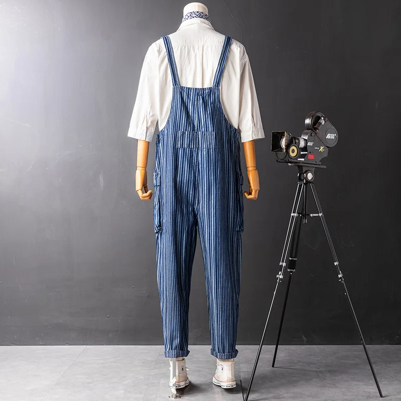 Hip Multi-Pockets Hop Casual Overalls Men Cowboy Cargo Trousers Harajuku Vintage Striped Straight Jumpsuit Denim Pants Men M-2XL
