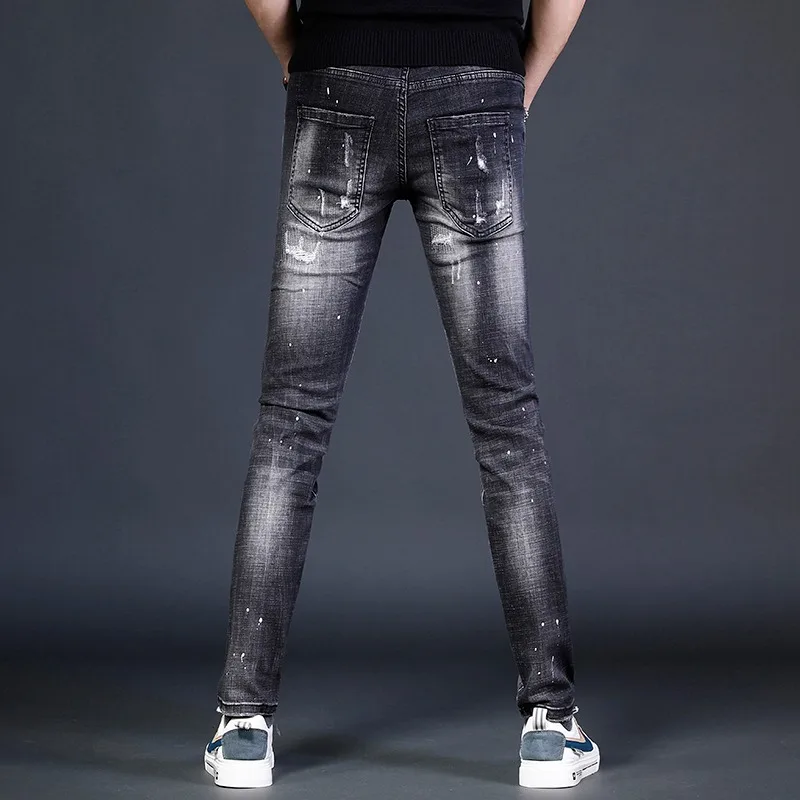 2022 Summer Black Ripped Jeans Men Slim Fit Pants White Splash Print Jean Streetwear Casual Stretch Patches Denim Trousers