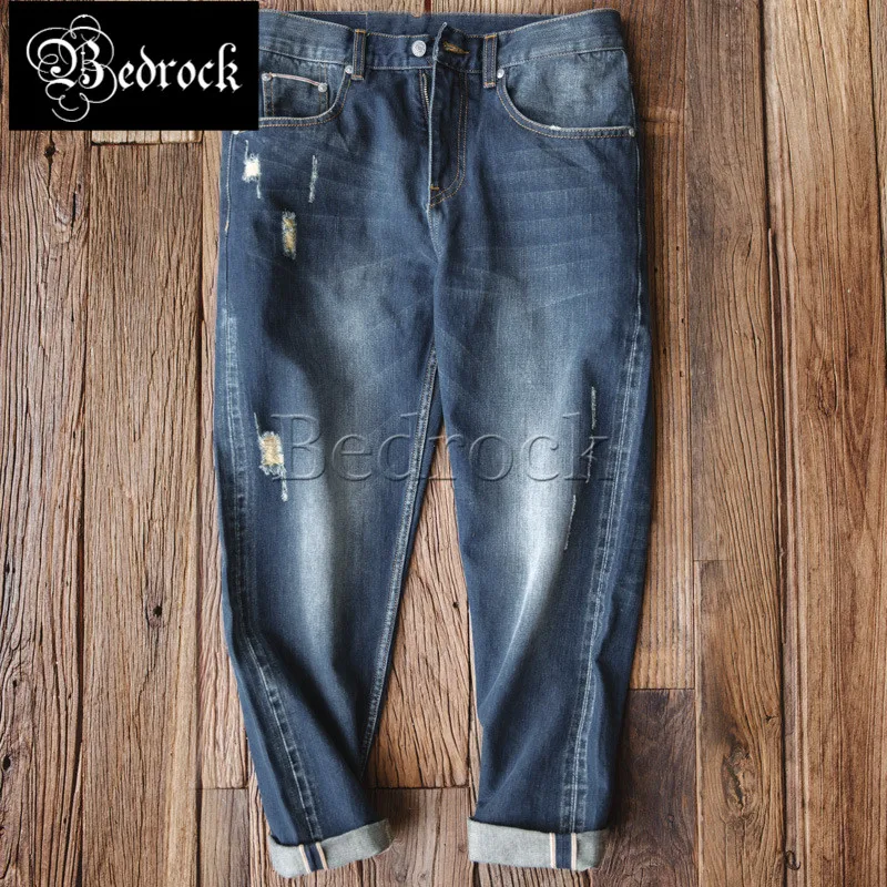 blue one washed red line denim jeans Amekaji distressed old ripped straight pants for men Japanese casual cropped pants