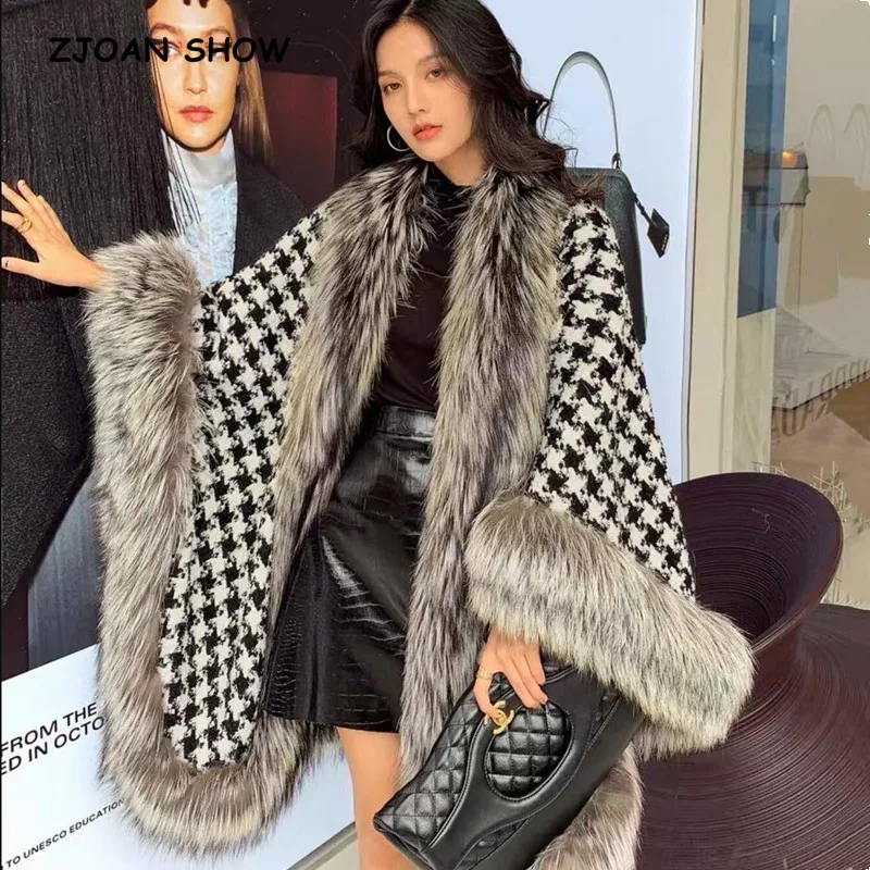 

Женская твидовая накидка, длинный пушистый кардиган в черно-белую клетку из искусственного меха, асимметричный кардиган, праздничная шаль, ...