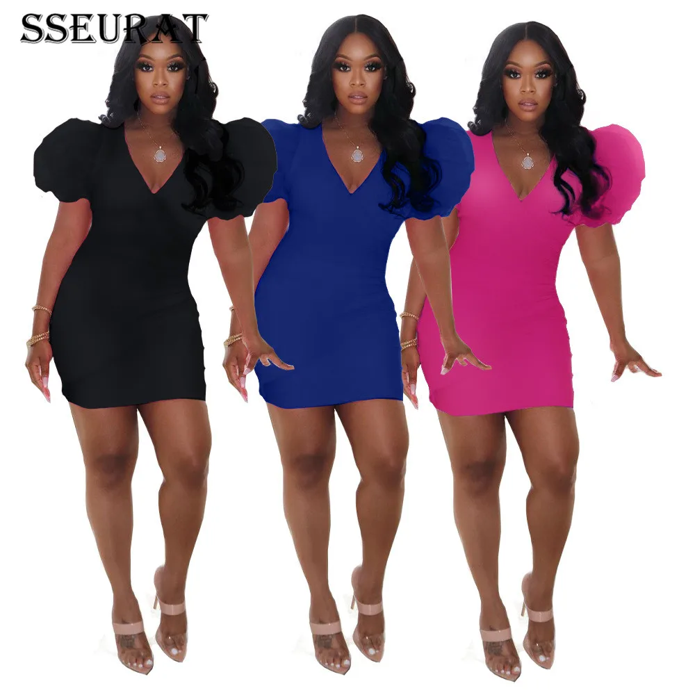 

SSEURAT Women Dress Solid Short Puff Sleeve V-neck Sheath Elastic Mini Dresses Office Lady Sexy Elegant Vestidos Summer Outfits
