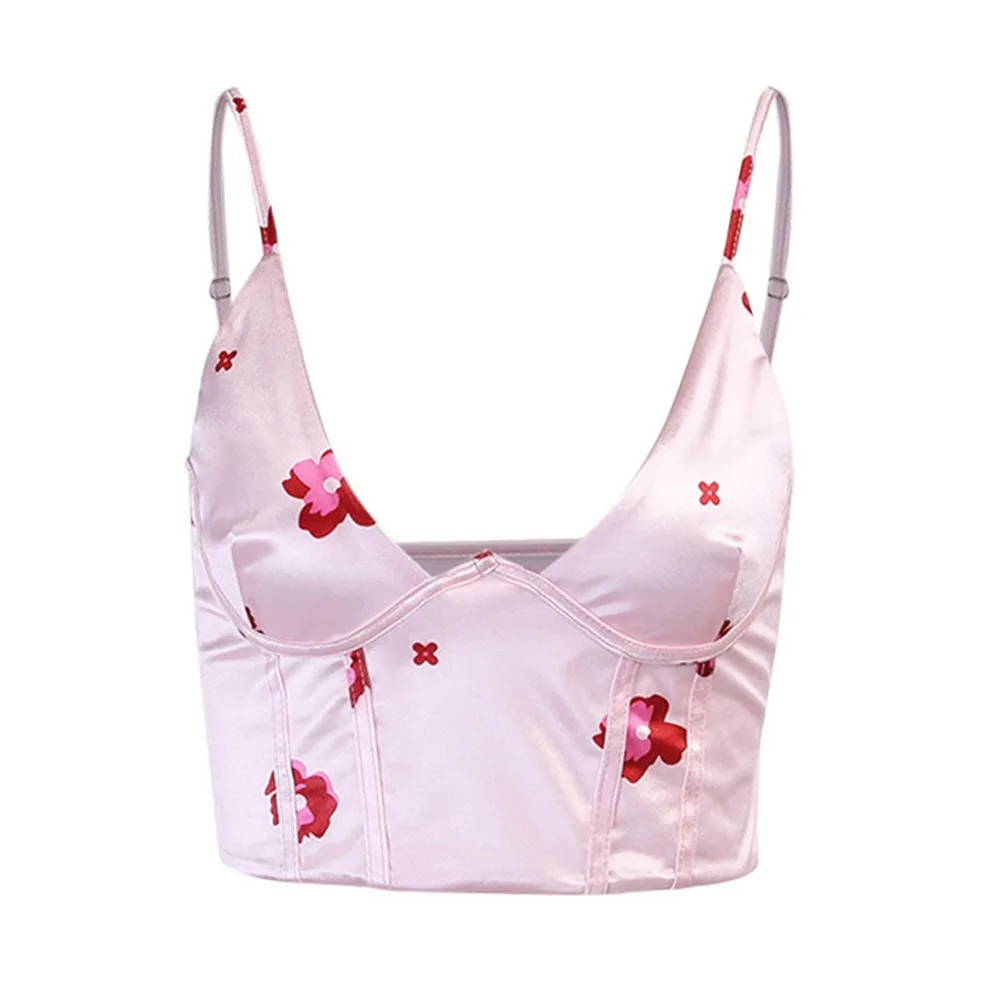

Menore V Neck Satin Corset Top With Straps 2021 Summer Floral Print Clothes Blue Sleeveless Club Women Crop Tops