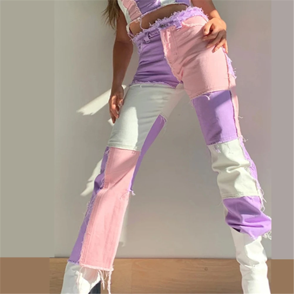 

Women Jeans Lady Color Block High Waist Straight Pants Patchwork Distressed Pencil Trousers Personalized Street Wear Pink 2021