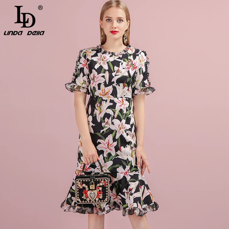 Многоцветный LD Linda della осеннее женское платье модный Дизайнерский Костюм короткий рукав роскошное кружевное Lily с принтом «фонарик» Тонкий Русалка платья для дам - Цвет: Многоцветный