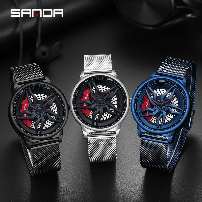 

SANDA New Unique Real 3D Model Spinning Car Wheel Hub Watch Luxury Luminous Japan Move Waterproof Super Car Rim Watches For Men