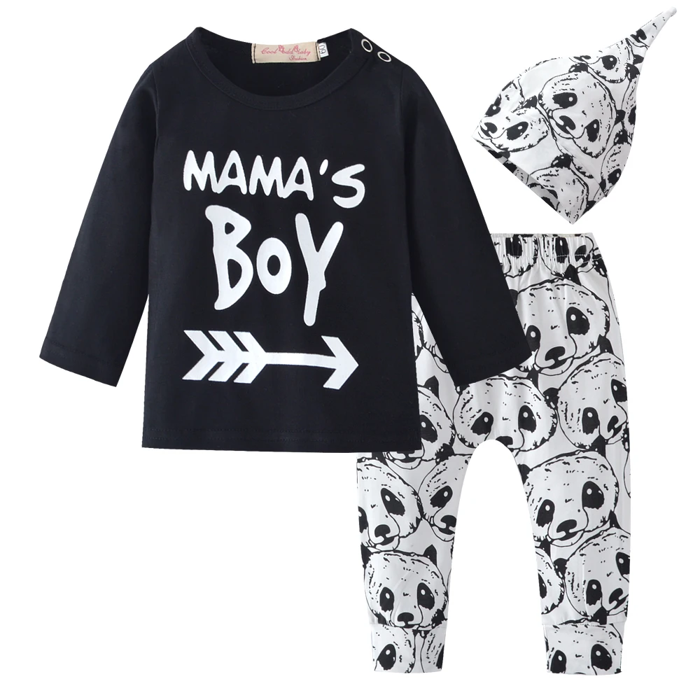 Autumn Newborn Infant Baby Boy Clothes Cotton Mama's Boy Printed T-shirt Pants Hat Toddler Baby Boys Clothing Set Toddler Outfit