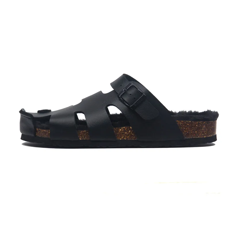 Женские теплые пробковые шлепанцы меховые сандалии с пряжкой закрытым носком