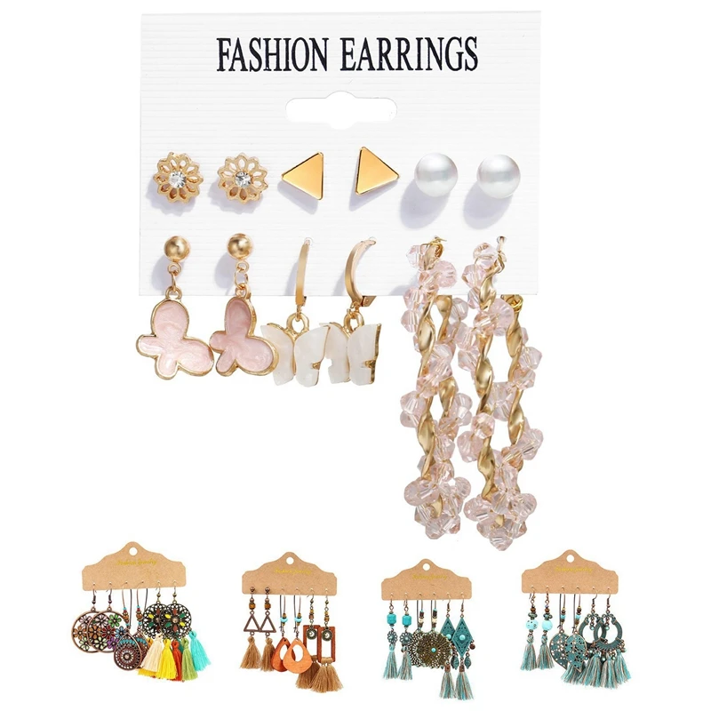 

18 пар серег: 6 пар искусственных цветов и 12 пар разноцветных колец с бахромой