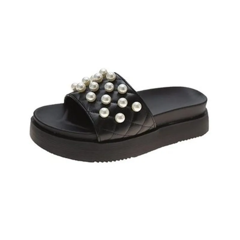 

Women's Slippers Woman Shoes Beach Wild Pearl Wedge Thick Bottom Flip Flops Heels Platform Slippers A601