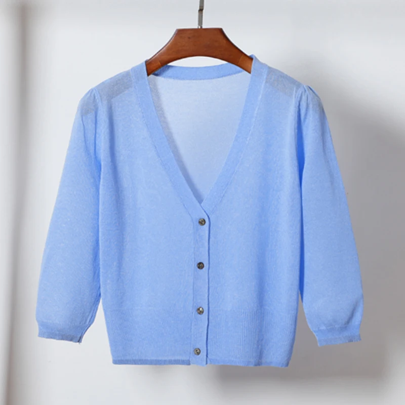 2019 summer air-conditioner coat plus size 4XL V neck ice silk three quarters thin cardigan sun protect outerwear |