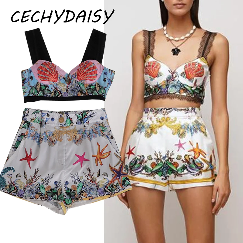 Женский комплект из двух предметов кружевной с высокой талией и принтом морской