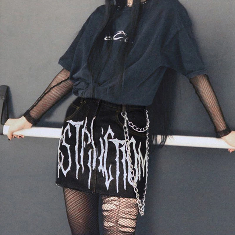 Женская готическая джинсовая юбка Goth Dark черная облегающая мини-юбка с принтом в