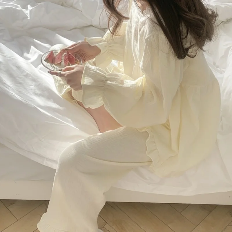 Qweek Women's Pajamas Summer 2021 Homesuit Princess Style Pyjamas Drawstring Sleeves Lace Pijamas  Sleepwear Home Clothe Cotton