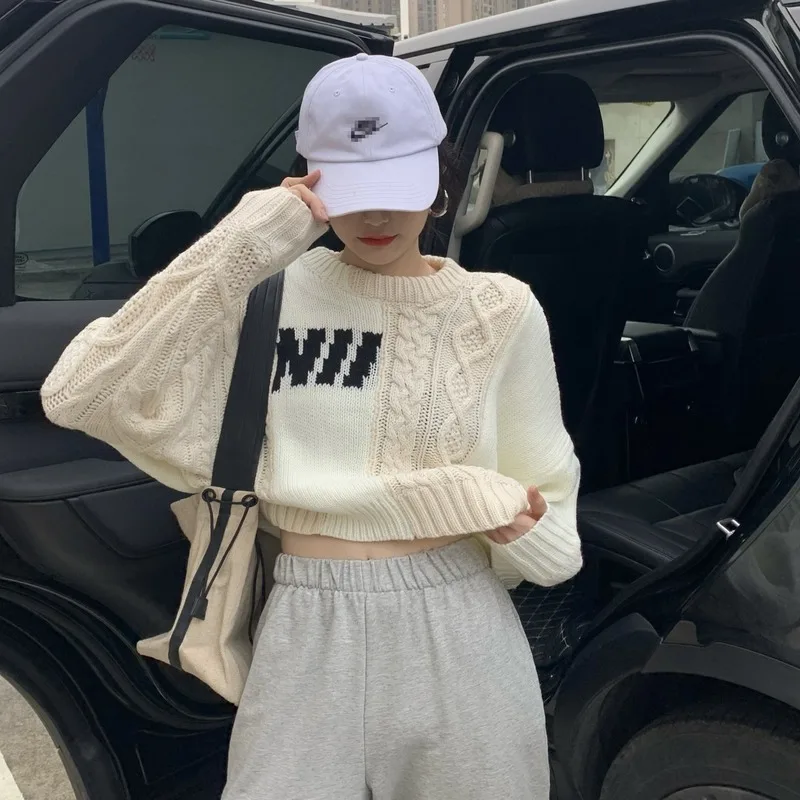 

Korean O-neck Patchwork Pullover Casual Loose Long Sleeve Knitted Sweater for Women Clothing Winter Fashion Ladies Tops Hipster