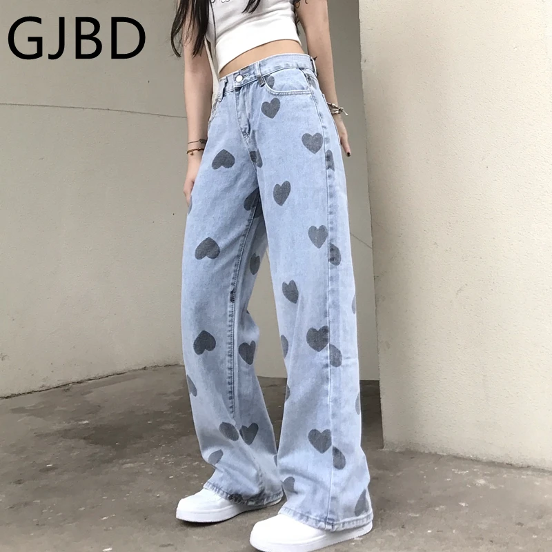 

Women's Jeans Streetwear Heart Print Casual Baggy Wide Leg High Waist Streetwear Trouser Vintage Straight Jeans Mom Denim Pants