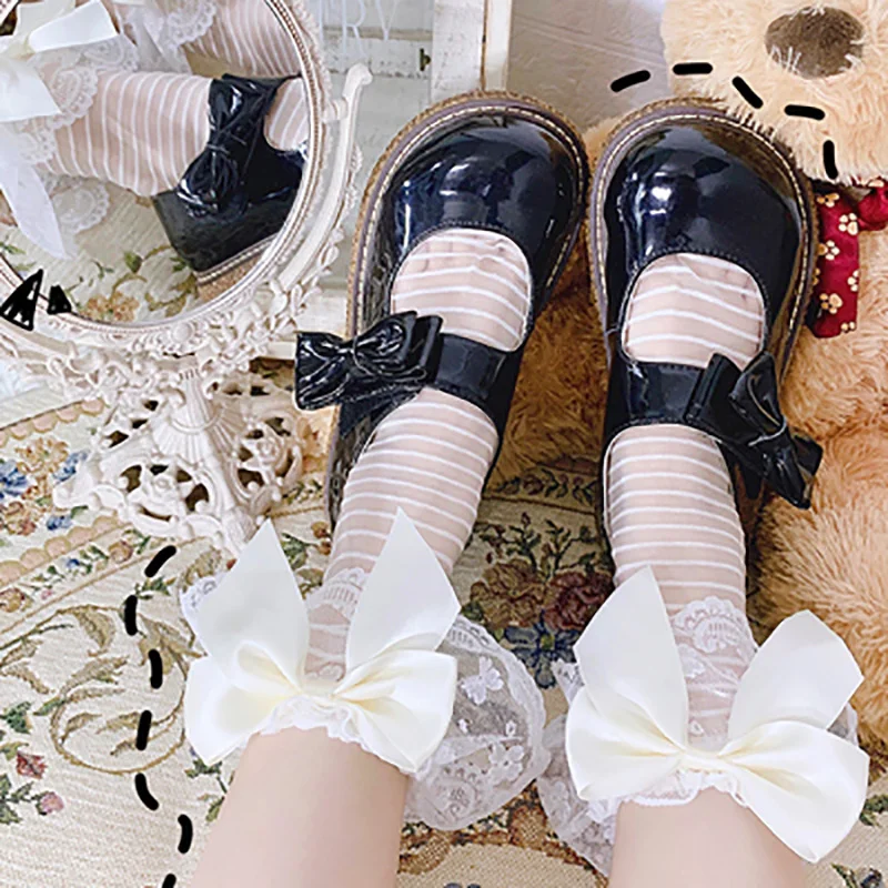 

Japanese Women Lolita Socks White Lace Bowknot Soft Sister Vintage Ruffles Fairy Silk Maid Tube Stockings Cosplay Accessories