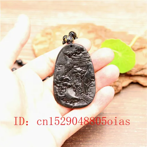 Китайский натуральный черный зеленый нефритовый пейзаж кулон ожерелье