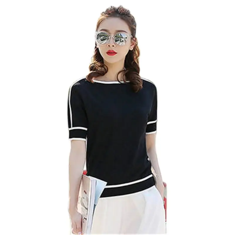 Новая летняя Женская свободная футболка с коротким рукавом Корейская вязаная