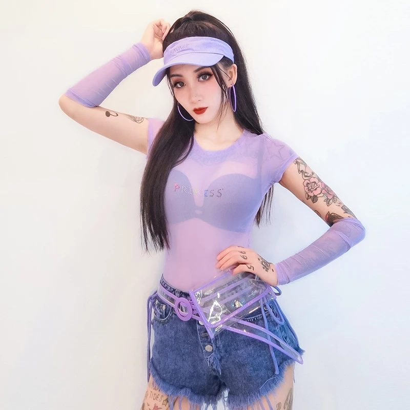 Джазовый танец костюмы фиолетового цвета с буквенным принтом боди для ночных