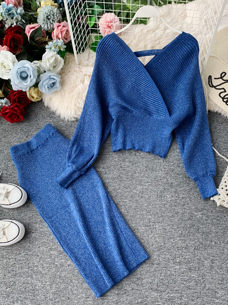 

SEDUTMO Spring Sexy Suits With Skirt Elegant Dress Women Glitter Bodycon Sweater Straight Skirts Basic Knitted ED1153