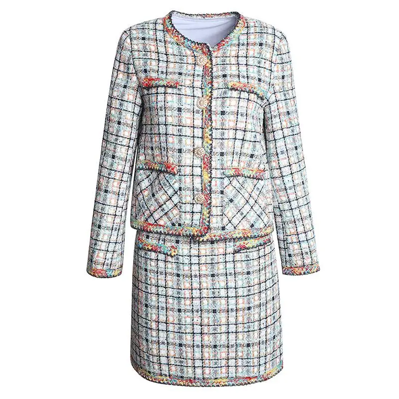 Осенне зимние женские сексуальные Твидовые костюмы модные топы + Юбки Комплекты