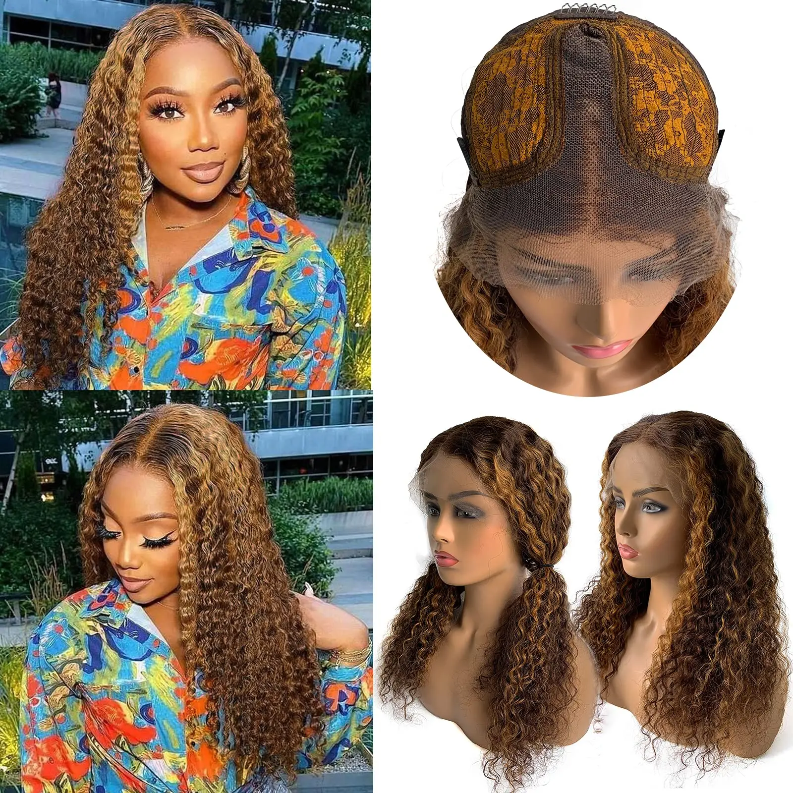 Brown Highlights Water Wave 13x4x1 T Part Lace Front Human Hair Wigs Ombre Curly Pre Plucked Middle Part Brazilian Remy Hair Wig
