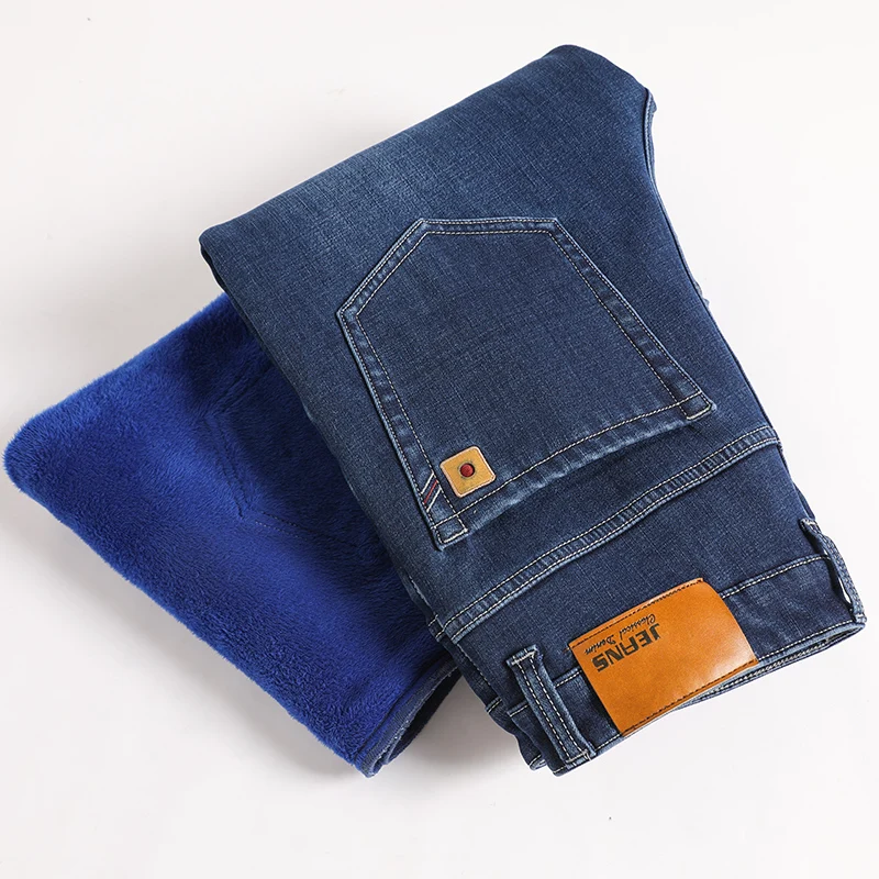 

Мужские прямые джинсы с флисовой подкладкой, синие и серые классические плотные теплые джинсы в деловом стиле, повседневные, для зимы, 2021