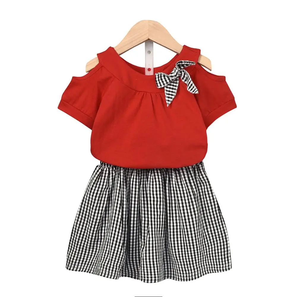

Girls summer suit kids baby fashion off-the-shoulder sets clothes children short shirt plaid skirt two-piece suit garment