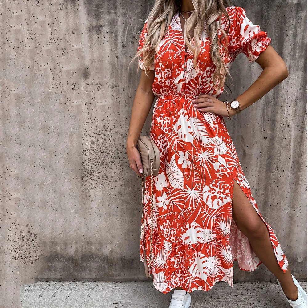 

Summer Women's Fashion Print Deep V Neck Buttons Casual Loose Ruffled Elastic Waist Irregular Split Ladies Short Sleeve Dresses