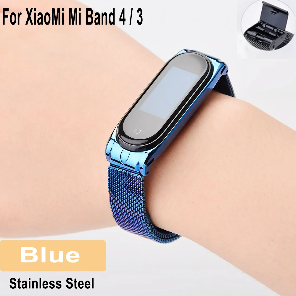 Браслет Mi Band 4 браслет из нержавеющей стали для Xiaomi Mi браслет 4 3 Mi4 сменный ремешок Miband 4 3 металлические браслеты Pulseira - Цвет: Blue