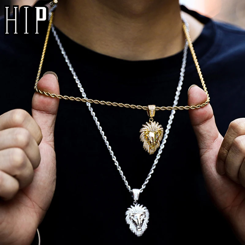 Hip Hop Full Iced Out Bling Lion Necklace Rhinestone Rope Chain Gold Color Pendants & Necklaces For Men Jewelry