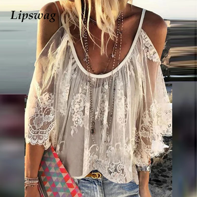 Летняя Свободная Женская блузка элегантная кружевная с полурукавами и открытыми