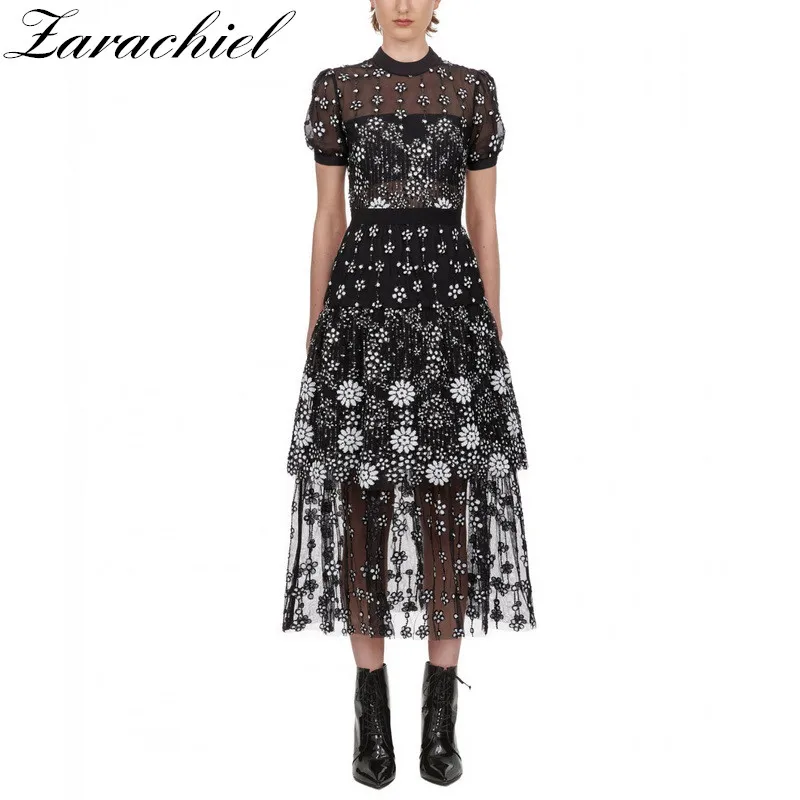 Женское Сетчатое платье-Автопортрет черное винтажное длинное платье с цветочной