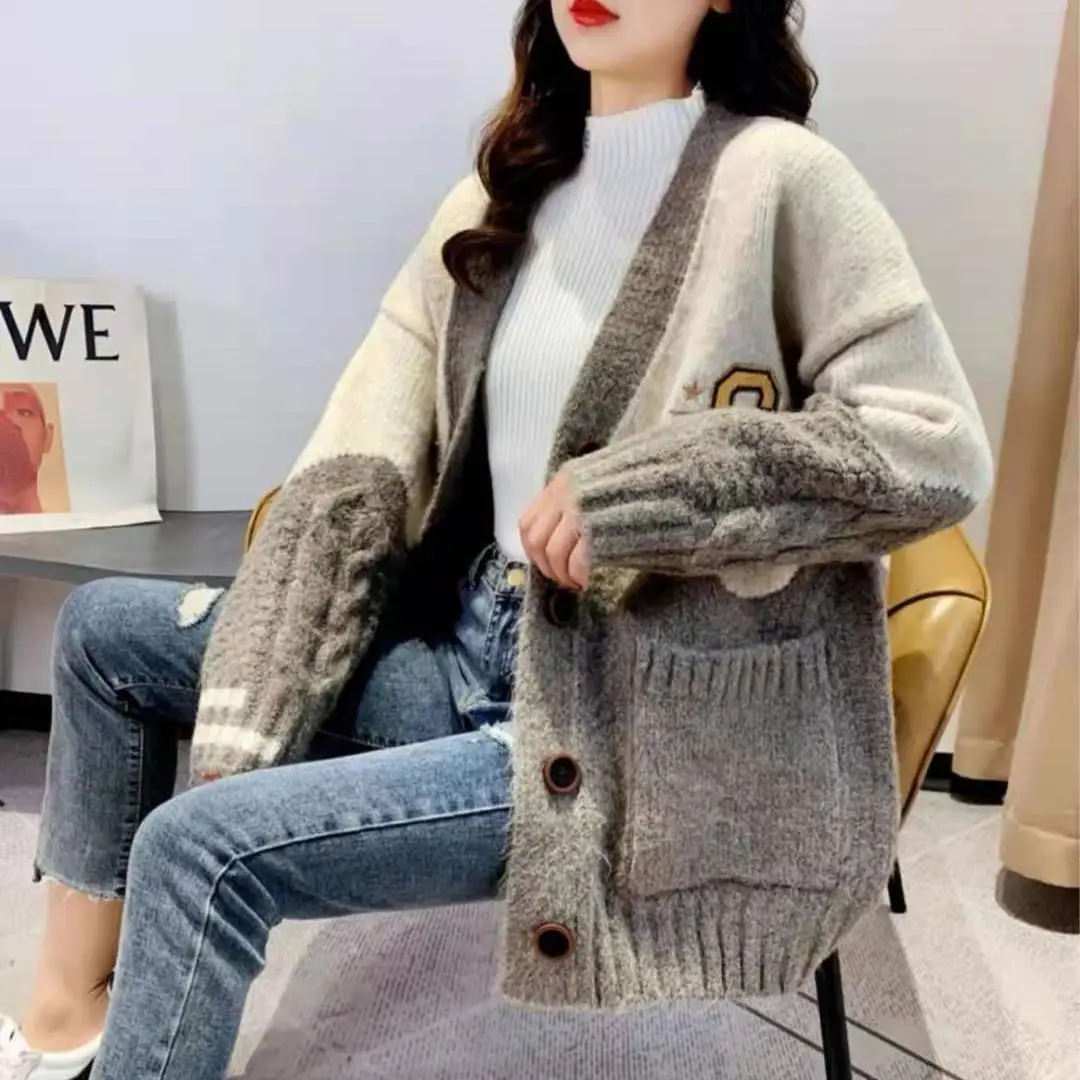 

Spring and autumn knitted coat women's thick woolen loose sweater cardigan