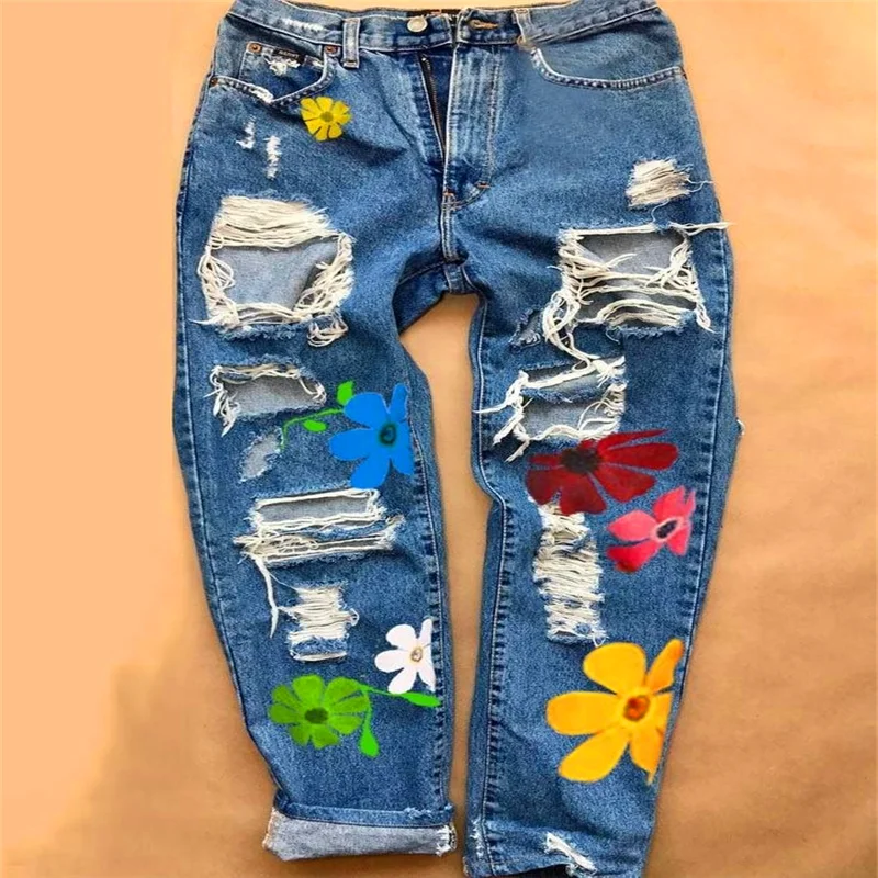 

2020 New Summer Female Denim Pants Women Skinny Hole Spliced Print Jeans Sexy pencil Bandage Trousers