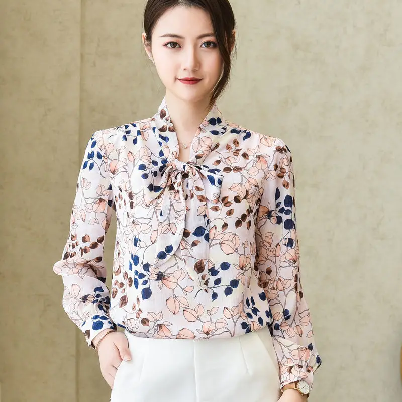 

Floral Chiffon Women Blouse Summer New 2021 Bow Neck Long-Sleeved Slim Elegant Office Lady Pulls Outwear Tops