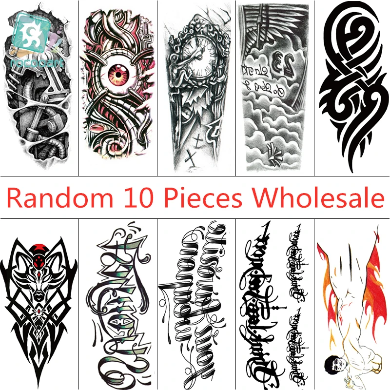 Rocooart Wholesale 10PCS Temporary Tattoo Sticker Robotic Arm and English Letter Design Waterproof Men Body Art Tatoo